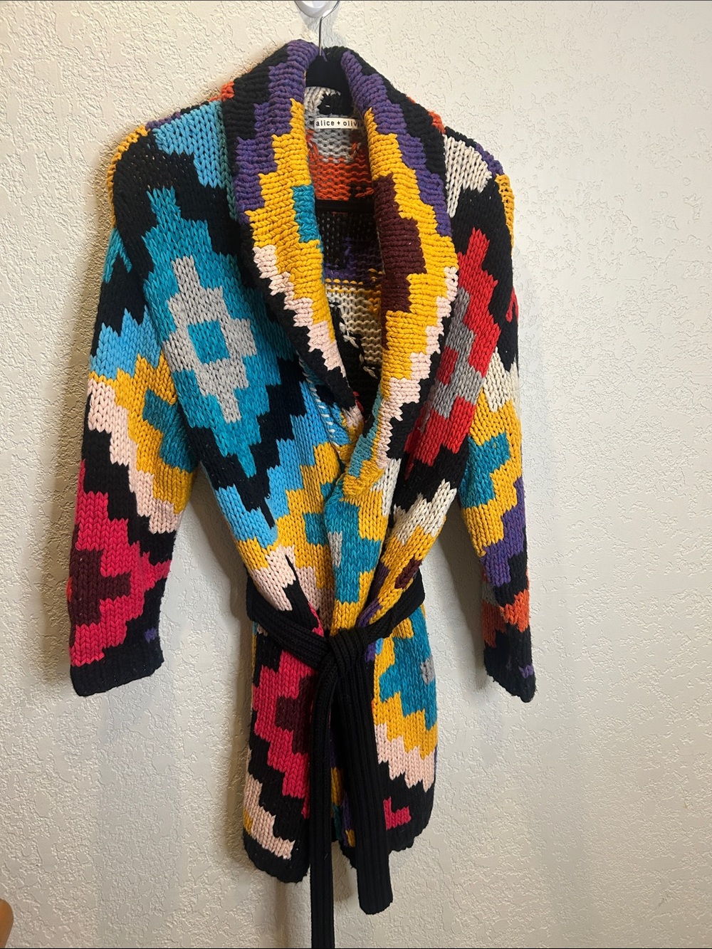 Alice + Olivia Multicolor Geometric Shawl-Collar Belted Cardigan